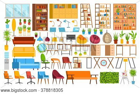 Office Furniture, Coworking Space Vector Illustration Set. Cartoon Collection Of Interior Elements F