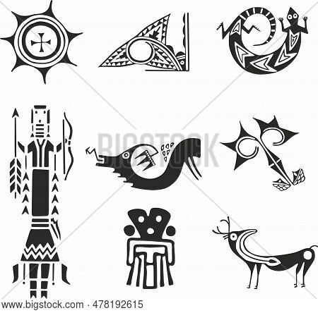 Vector Monochrome Set Of Symbols Of The Indians Of Central, South And North America. Native American