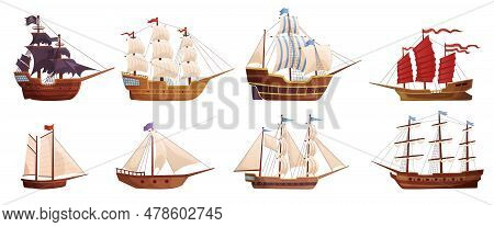 Old Wooden Ships. Cartoon Sailing Ship, Wind Sail Boat Pirate Frigate Warship Longboat Simple Schoon