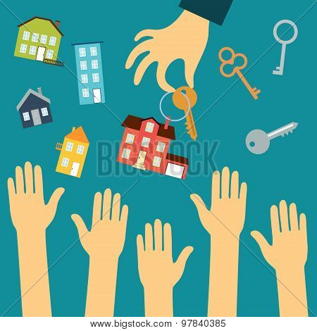 Hands of buyers are drawn to the hand of a real estate agent who