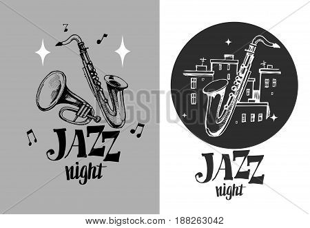 Jazz emblem with a saxophone and trumpet. Isolated vector illustration. Design element for the create of the label, brochures, posters