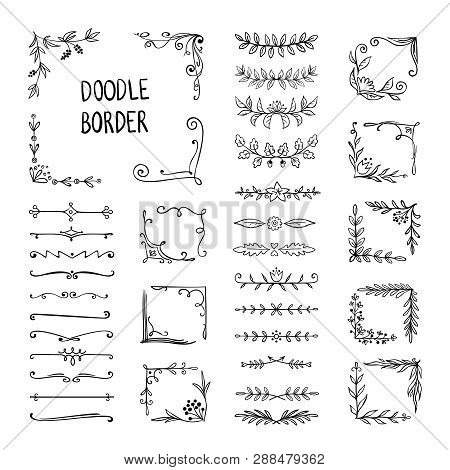 Doodle Border. Flower Ornament Frame, Hand Drawn Decorative Corner Elements, Floral Sketch Pattern. 