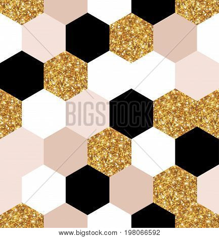 Abstract seamless geometric pattern. Vector illustration. Geometry gold, black and white hexagon grid texture. Chic gold mosaic tiles