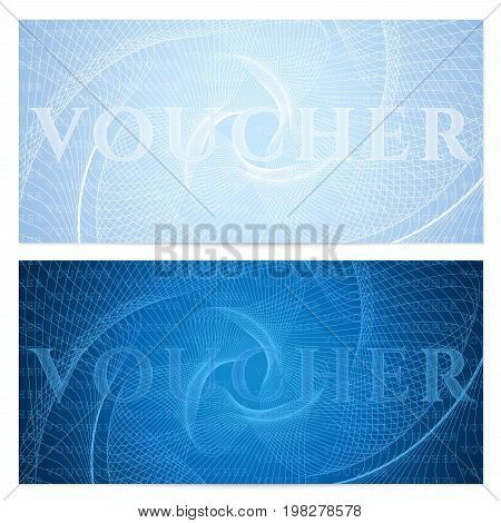 Voucher, Gift certificate, Coupon, ticket template. Guilloche pattern (watermark, spirograph). Blue background for banknote, money design, currency, bank note, check (cheque), ticket