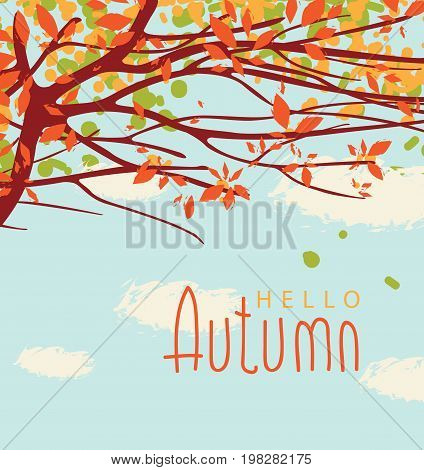 Vector banner with the words Hello autumn. Autumn landscape with autumn leaves on the branches of trees in a Park or forest on a background of blue sky with clouds