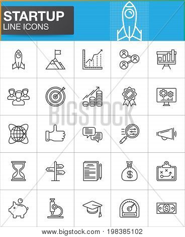 Startup and new business line icons set, outline vector symbol collection, linear style pictogram pack. Signs, logo illustration. Set includes icons as rocket, seo, people, target, goal, money, time