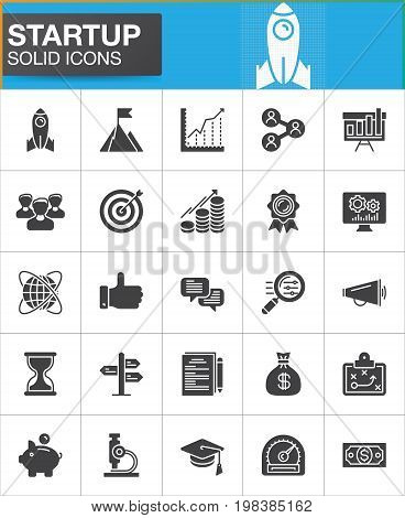 Startup and new business vector icons set, modern solid symbol collection, filled style pictogram pack. Signs, logo illustration. Set includes icons as rocket, seo, people, target, goal, money, time