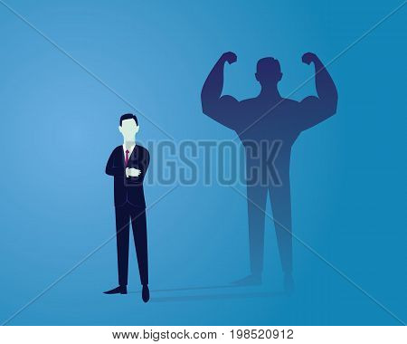 Vector illustration. Business power concept. Businessman standing in front of his own muscular shadow showing his inner strength. Self confidence. Future goal. Self development