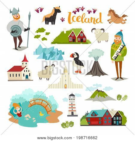 Iceland landmarks vector icons set. Illustrated travel collection. Icelandic travel attraction. Church houses puffin lighthouse and mountains isolated on white background