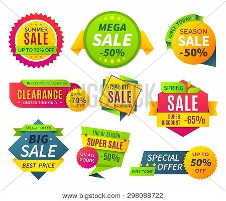 Sale Banners. Price Tag Promotion Stickers Labels And Coupons, Sale Ribbon Shape Offer Badge. Vector