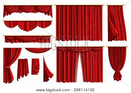 Red Curtains. Set Realistic Luxury Curtain Cornice Decor Domestic Fabric Interior Drapery Textile La