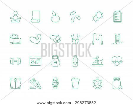 Sport Icons. Health Fitness Nutrition And Items Trainer Fit Coaching Dieting Yoga Vector Symbols. Il