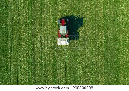 Agricultural Tractor Is Fertilizing Wheat Crop Field With Npk Fertilizers, Aerial View From Drone Po