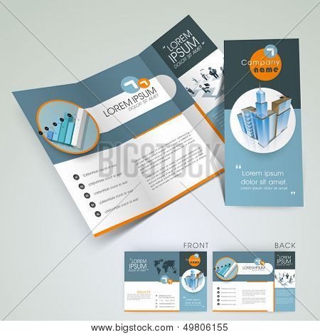 Professional business three fold flyer template, corporate brochure or cover design in blue color, can be use for publishing, print and presentation. 