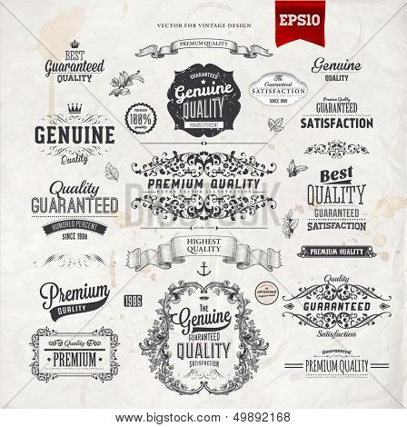 Retro elements collection for calligraphic designs | Vintage ornaments | Premium Quality labels | Guaranteed Satisfaction and Genuine Quality labels | eps10 vector set