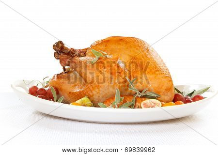 Roasted Turkey On Tray Over White