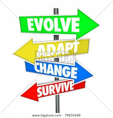 Evolve, Adapt, Change and Survive on four arrow signs pointing a direction or management strategy for your company to undergo evolution and adaptation to grow and win