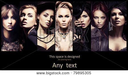 Fashionable collection of different female portraits in detective poster style. Fashion, beauty and jewelry collage.