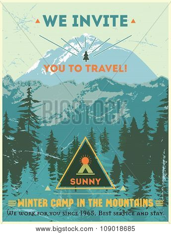 Vintage poster journey to the mountains. Retro design mountain camp outdoors.