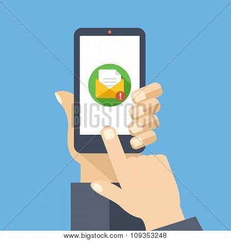 Mail app on smartphone screen. New message is received. Creative flat design vector illustration