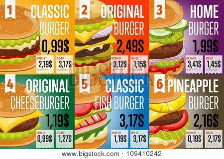 Fast food restaurant menu template vector illustration elements. Set of abstract advertising price tags about fast food meal. Six banners of fast food. Different burgers. Food menu design. Fast food cafe flyer. Fast food menu card.