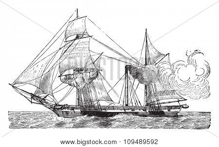 Wheeled Warship, vintage engraved illustration. Industrial encyclopedia E.-O. Lami - 1875.
