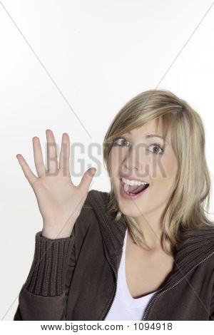 Young Fair  Smiling Woman Waving Her Hands