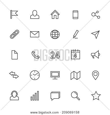 Contact line vector icons. Media and internet communication outline symbols. Communication web icons, pin and star, connection and address line icon illustration