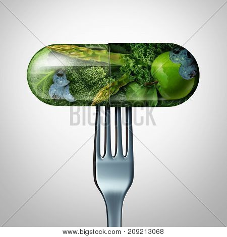 Natural food supplement concept as a pill or medicine capsule with fresh fruit and vegetables inside on a fork as a nutrition and dietary vitamin symbol for good eating health and fitness lifestyle with a 3D render.