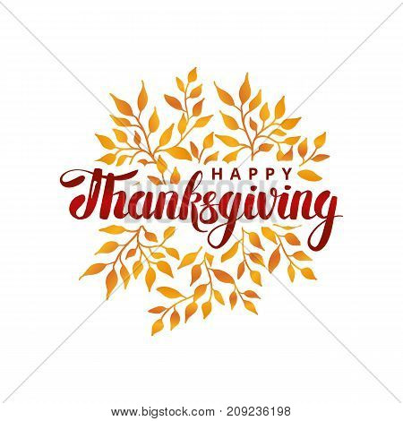 Happy thanksgiving day template, red lettering. Orange leaf, thanksgiving composition greeting card, menu, decoration, invitation. Thanks logotype, bright flyer lettering. holiday card, invitation