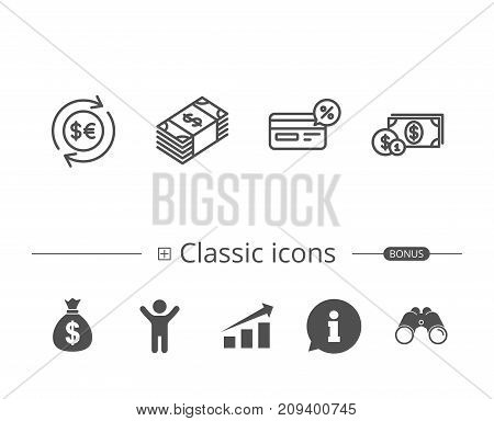 Money, Cash and Currency exchange line icons. Credit card, Banking and Coins signs. Euro and Dollar symbols. Information speech bubble sign. And more signs. Editable stroke. Vector