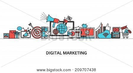 Modern flat thin line design vector illustration concept of digital marketing internet marketing idea and new market trends analysis for graphic and web design