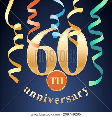 60 years anniversary celebration vector icon logo. Template design element with golden number and spiral garlands for 60th anniversary greeting card