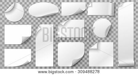 White Paper Stickers. Label Sticker With Curled Corners, Curve Papers Edge And Blank Tag. Book Or Ma