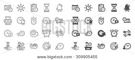 Time Line Icons. Set Of Calendar, Time Management Timer And Delivery Service Linear Icons. Checklist