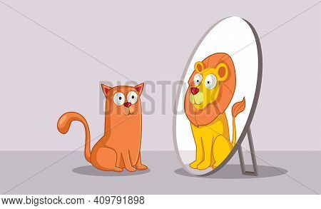 Confident Cat Looking In The Mirror Seeing A Lion