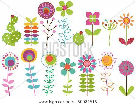 Vector Collection of Funky Retro Stylized Flowers