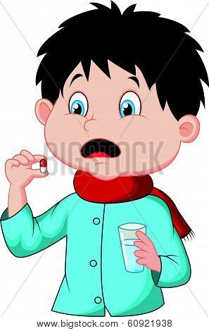 Sicked boy cartoon swallows pill