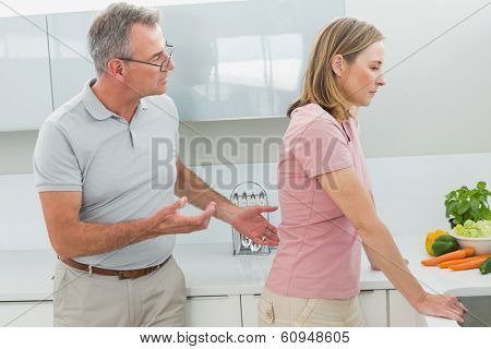 Unhappy couple having an argument in the kitchen at home