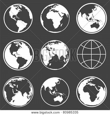 Set Of Earth Planet Globe Icons. Vector.