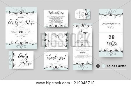 Wedding invite invitation save the date thank you rsvp menu card set template elegant design: vector hand drawn lovely flourish border graphic delicate swirls hearts ornatate motif vintage blue dots