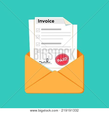 Invoice flat icon, Payment and bill invoice. Order symbol concept or Tax sign design. Paper invoice document in envelope. Vector illustration in flat style.