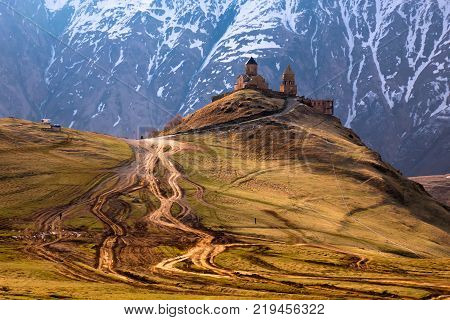 Mountain Landscape, Gergeti Trinity Church Tsminda Sameba, Holy Trinity Church, near the village of Gergeti in Georgia, Mount Kazbegi, Caucasus