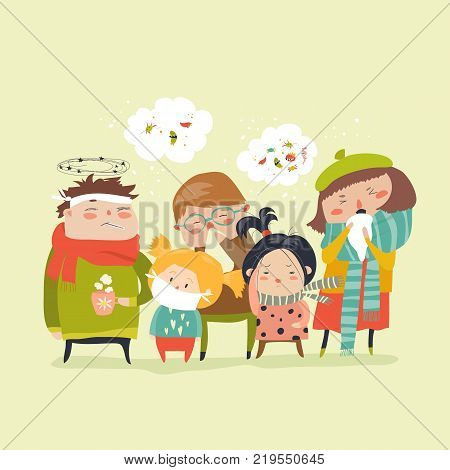 Sick children with fever, illness . Boy and girl with sneeze, high temperature, sore throat, heat, cough, headache, Vector illustration cartoon style. Sickness child with disease. flu cold symptoms