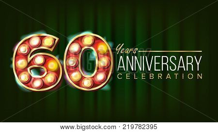 60 Years Anniversary Banner Vector. Sixty, Sixtieth Celebration. 3D Glowing Element Digits. For Flyer, Card, Wedding, Advertising Design. Green Background Illustration