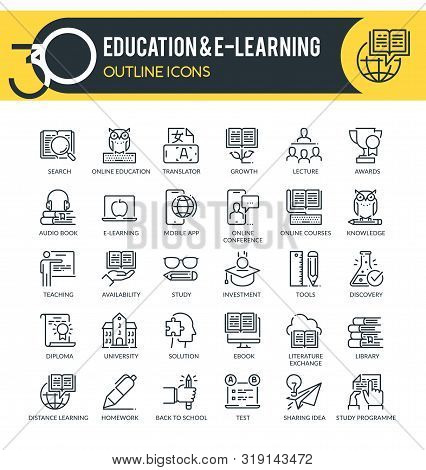 Set Of Outline Icons On Following Themes - Education, Science, Online Training And Courses, Universi