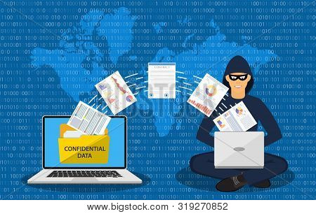 Data Phishing, Hacker Attack.thief Hacker In Mask Stealing Personal Information From Laptop. Concept