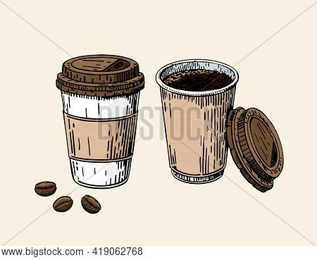 Take-out Coffee Cup And Beans. Plastic Cup Of Coffee. Coffee To Go Cup With A Lid. Coffee Take Away 