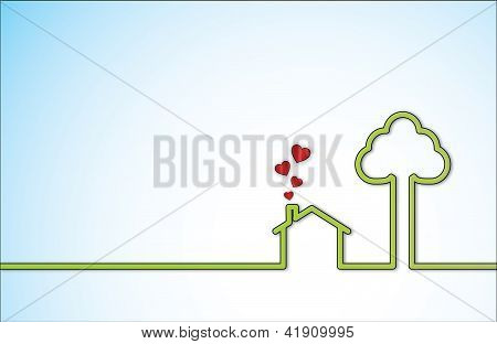 Simple Sweet Home illustration with a lonely green home next to a big tree with red heart shaped ico