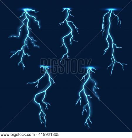 Lightning Thunder Bolt, Thunderstorm Electric Flash Effect On Vector Background. Thunderbolt Light A